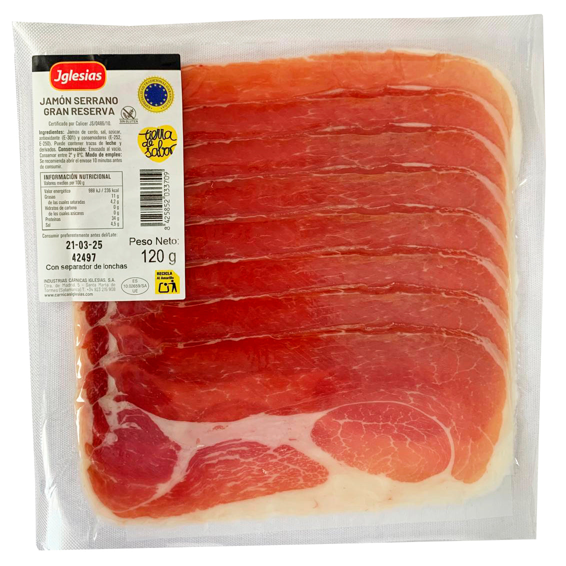 JAMÓN SERRANO GRAN RESERVA 50% CRUCE DUROC LONCHEADO 7,5 KG APROX